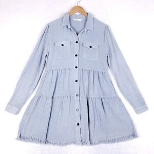 Talulah Tiered Chambray Mini Dress S Blue Button Up Ruffle Raw Hem Boho Tunic
